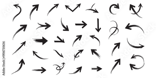 Vector mega set of hand-drawn brush stroke arrows, collection of black ink sketch pointers and scribble symbols for creative design.