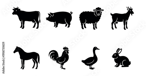 Farm animals black silhouette set