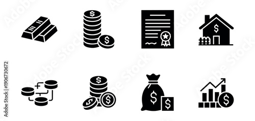 Finance and Investment Silhouette Icons Set
