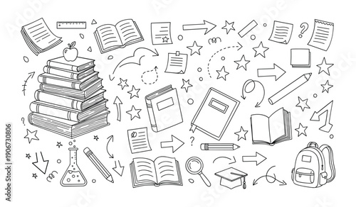 Black And White Line Of School Study With Stars And Question Marks Scattered books pencils notebooks