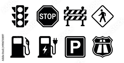Transportation and road symbol line icons set