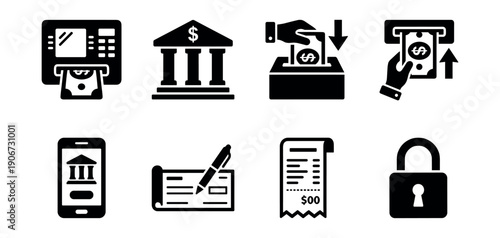 Banking and finance black and white icons set