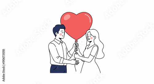 A simple line drawing of a man and woman holding a red heart-shaped balloon on a white background with a minimalist style and a romantic mood.