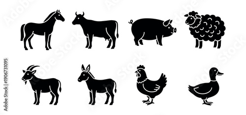 Farm Animals Silhouette Icons Set