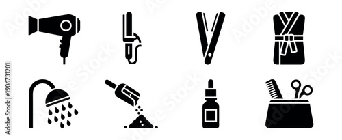 Bathroom and grooming monochrome icons set