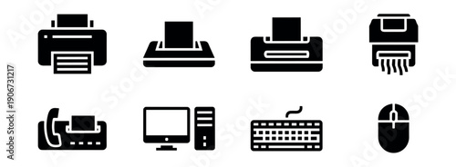 Office and Computer Equipment Silhouette Icons Set