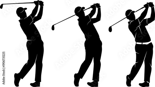 Collection of three golfer silhouettes completing swing isolated on white background for golf sport tournament branding design
