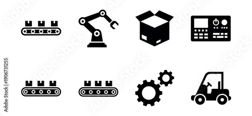 Manufacturing and industrial processes black and white icons set