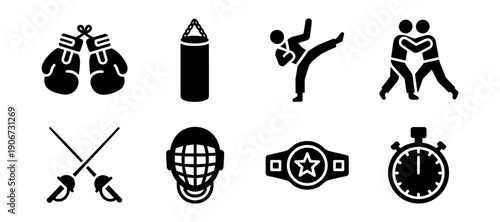 Combat sports and martial arts black silhouettes set