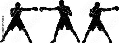 Set of three boxer silhouettes delivering straight punch in fighting stance isolated on white background for sports fitness design