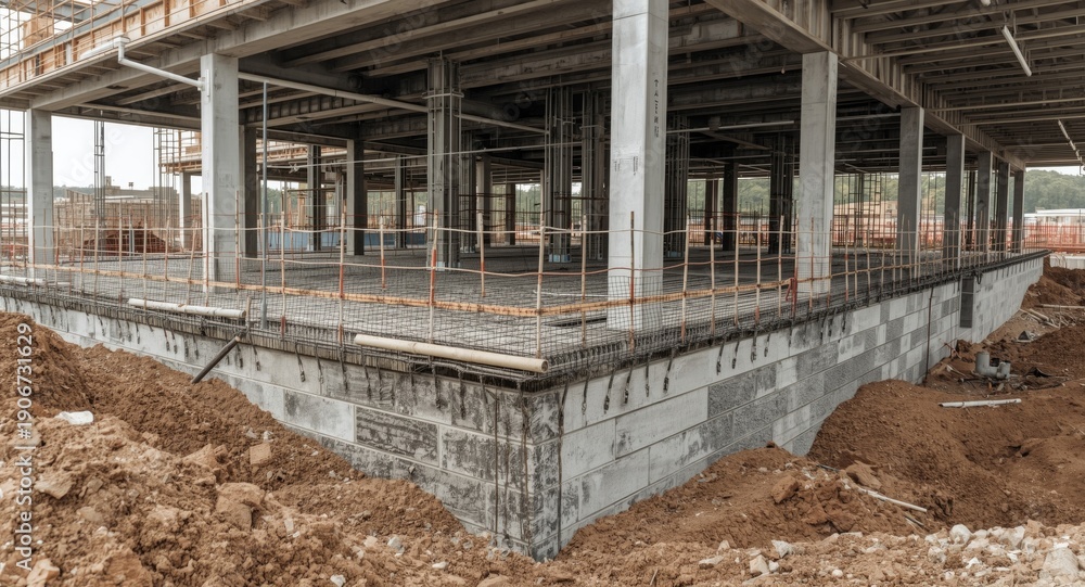 Fototapeta premium Construction site with concrete foundation and structural support elements