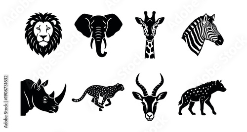 African wildlife black and white silhouette set