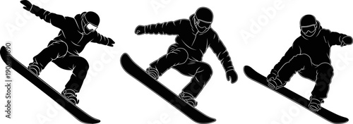 Set of three snowboarder silhouettes performing dynamic aerial tricks isolated on white background for winter extreme sports design