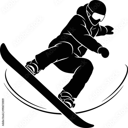Snowboarder silhouette performing high aerial jump trick isolated on white background for winter extreme sports action design