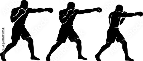 Three boxer silhouettes throwing punch in fighting stance isolated on white background for sports fitness and combat design