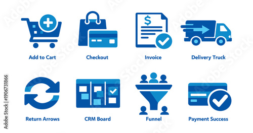 E-commerce process flat blue icons set