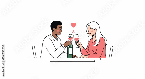 A man and woman sit at a table, toasting with wine glasses in a romantic setting with a minimalist white background.