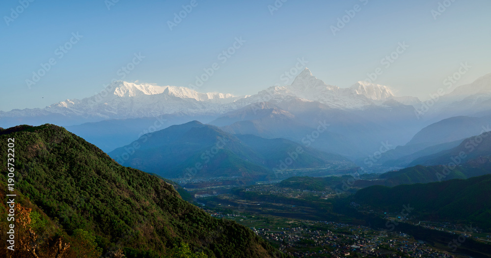 Fototapeta premium Panorama of Himalayas with Annapurna and Fishtail mountain in Pokhara, Nepal