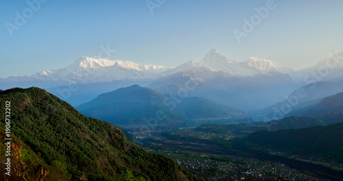 Panorama of Himalayas with Annapurna and Fishtail mountain in Pokhara, Nepal
