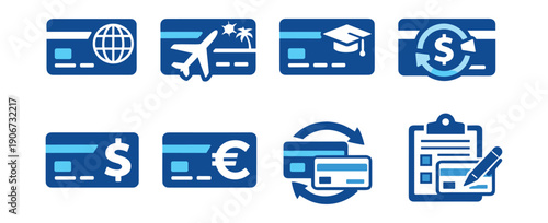 Credit card and finance blue and white icons set