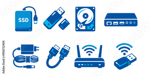 Computer and networking peripherals blue icons set