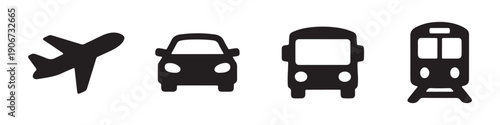 A set of four black transport icons featuring an airplane, car, bus, and train, isolated on a white background. Ideal for travel and logistics use.