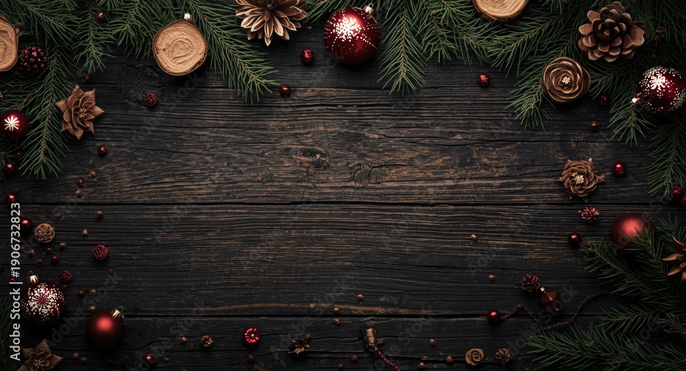 Naklejka premium Dark wood surface decorated with pine branches and seasonal ornaments backdrop