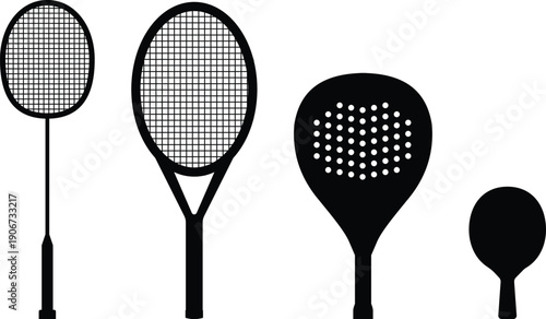Set of racket, racket collection of badminton, tennis, padel and ping pong or table tennis racket