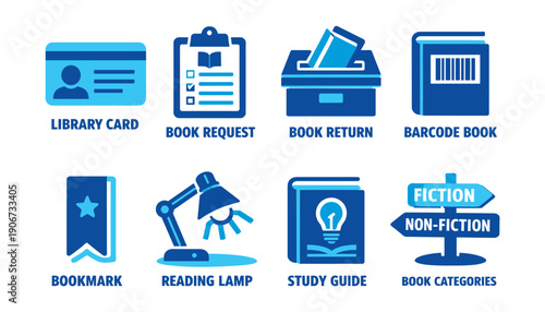 Library blue icons set