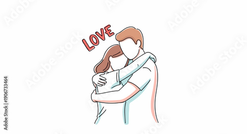 Illustration of a man hugging a woman with the word 'LOVE' above them on a white background.