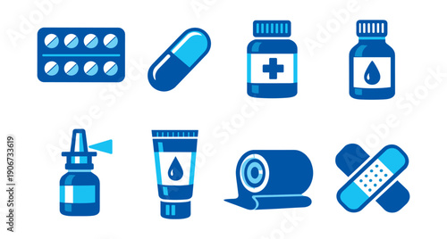 Medical supplies and medications blue and white icons set