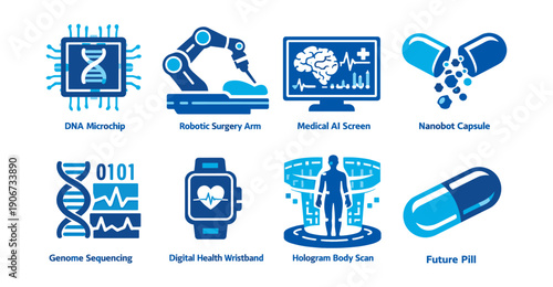 Medical Technology Futuristic Blue Icons Set