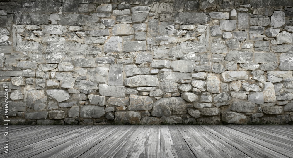 Fototapeta premium Gray stone wall surface with rustic texture used for architectural background in panoramic resolution