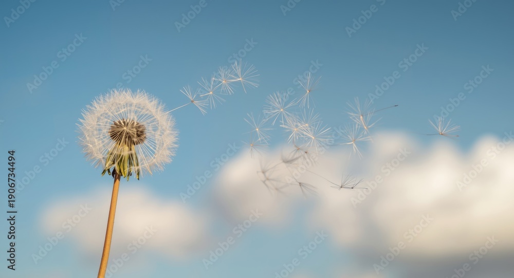 Fototapeta premium A gentle wind carrying seeds away from a dandelion puff