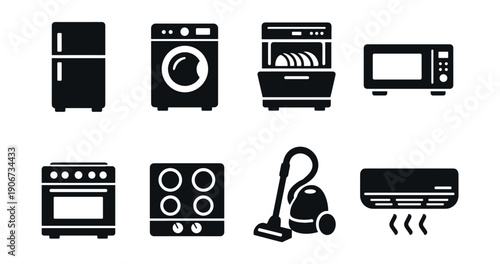 Household appliances black icon set