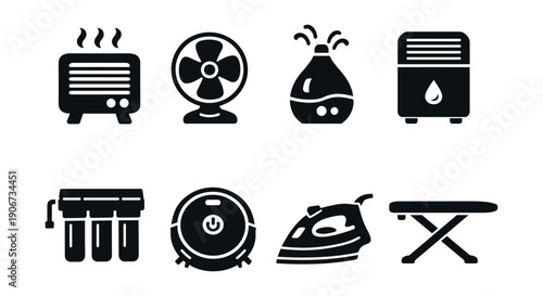 Household appliances black icons set