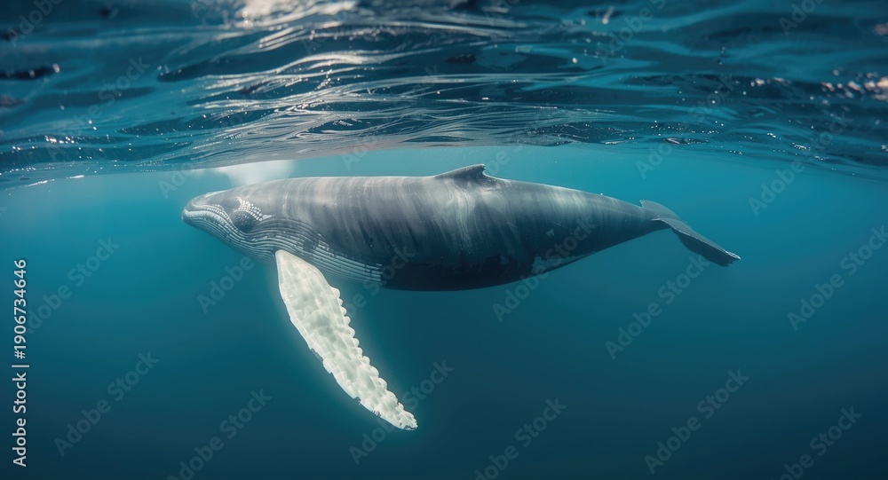 Naklejka premium Giant humpback whale moving elegantly beneath ocean surface