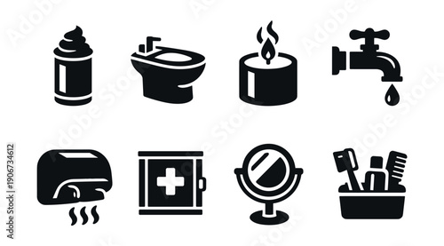 Bathroom black and white minimalist icons set