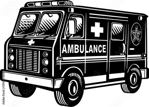 Vintage ambulance illustration in black and white with retro design and medical cross symbol on classic emergency vehicle