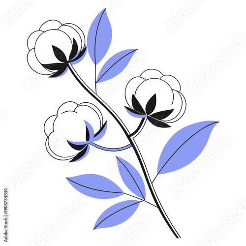Minimalist cotton plant illustration with black and blue leaves highlighting natural elegance and botanical simplicity
