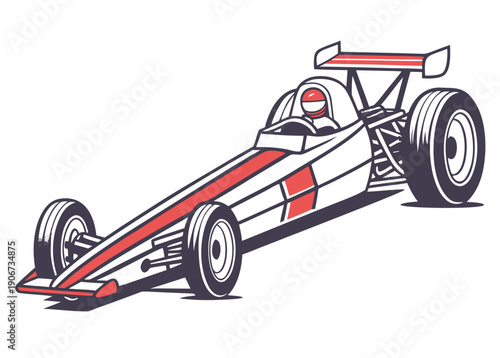 Vintage race car illustration with red accents: retro formula vehicle with driver in helmet, large rear wheels, and aerodynamic design