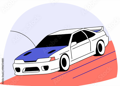 Sleek blue and white sports car in dynamic drift with bold outlines and minimalistic background