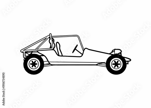 Minimalist black and white line drawing of a classic dune buggy side view with roll cage and exposed chassis on white background