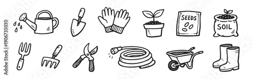 Set of hand-drawn gardening tool icons in doodle style, including watering can, trowel, gloves, seeds, soil, and wheelbarrow on white background.