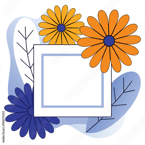 Vibrant floral frame with orange and blue flowers on abstract background for creative design inspiration