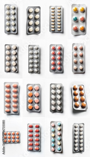 Collection of A close-up view of a metal baking pan filled with white pills.
