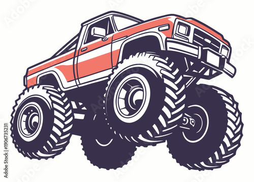 Bold red monster truck with oversized tires and aggressive suspension ready for off-road adventures in dynamic illustration