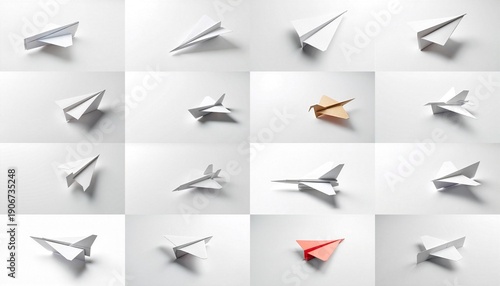 Collection of A close-up shot of a folded white paper airplane on a white surface.