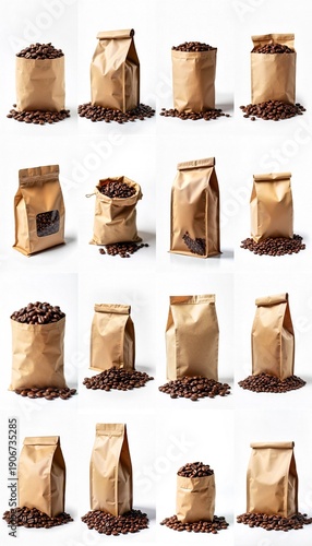 Collection of A brown bag filled with coffee beans against a white backdrop.