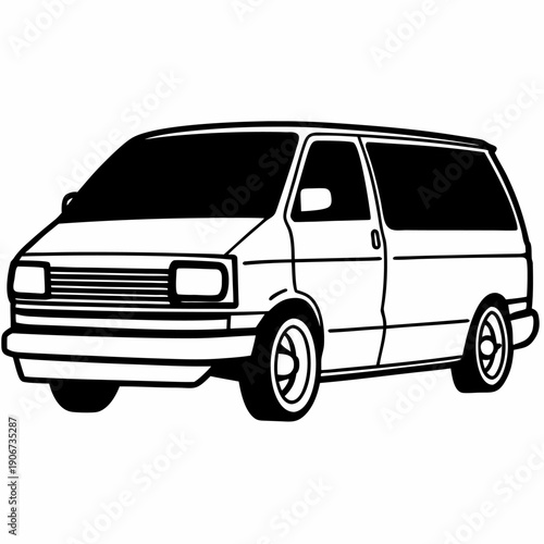 Black and white illustration of a vintage minivan with smooth lines and simplified design, highlighting retro automotive details